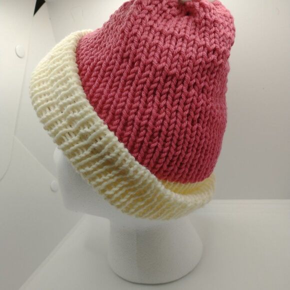Hand Crafted Knit Unisex Hat Pink Ivory Unisex Winter Warm Beanie Slouchy Ski - Picture 2 of 6